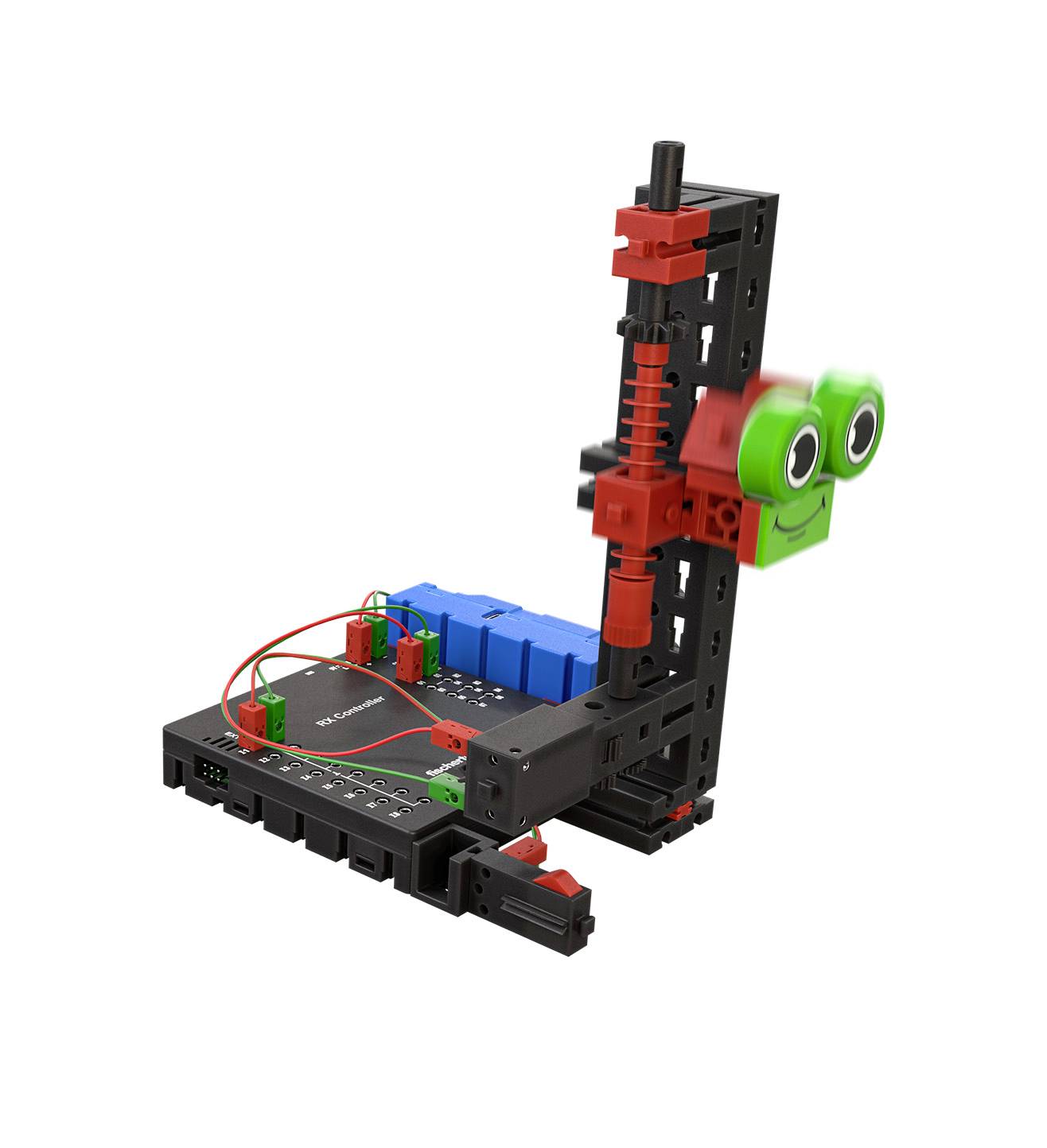 Ein Baukastensystem aus Kunststoff in Schwarz, Rot, und Grün mit elektrischen Komponenten und einem grünen Gesicht.
