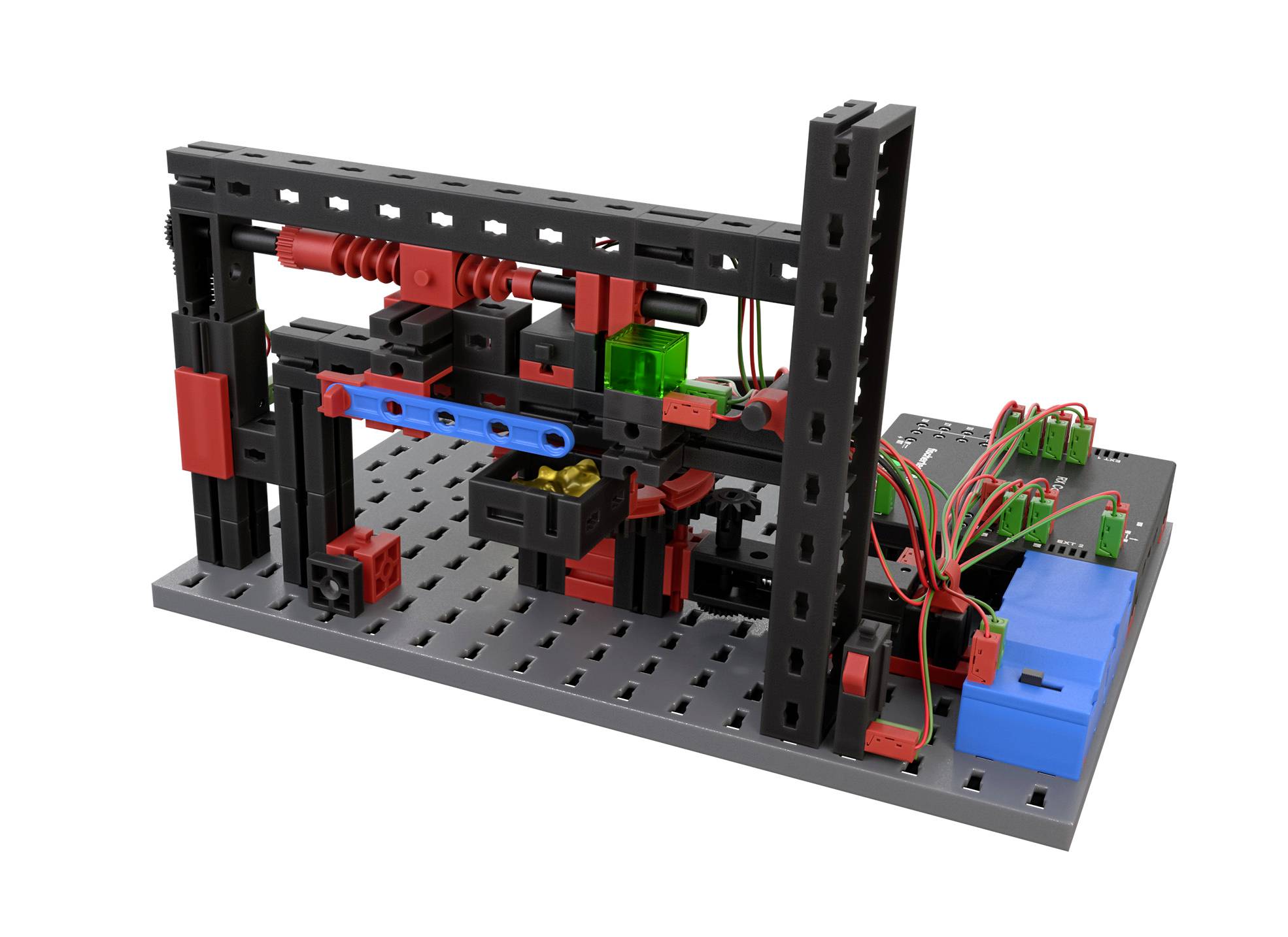 Ein Modell aus Kunststoffteilen und Kabeln, das ein industrielles System darstellt, mit beweglichen Teilen in Rot, Schwarz und Blau.