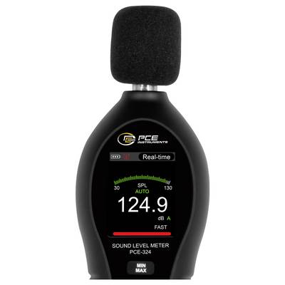 Tragbares PCE-Schallpegelmessgerät mit Echtzeitanzeige von 124,9 dB A, mit Min/Max-Taste und rotem Pegelbalken.