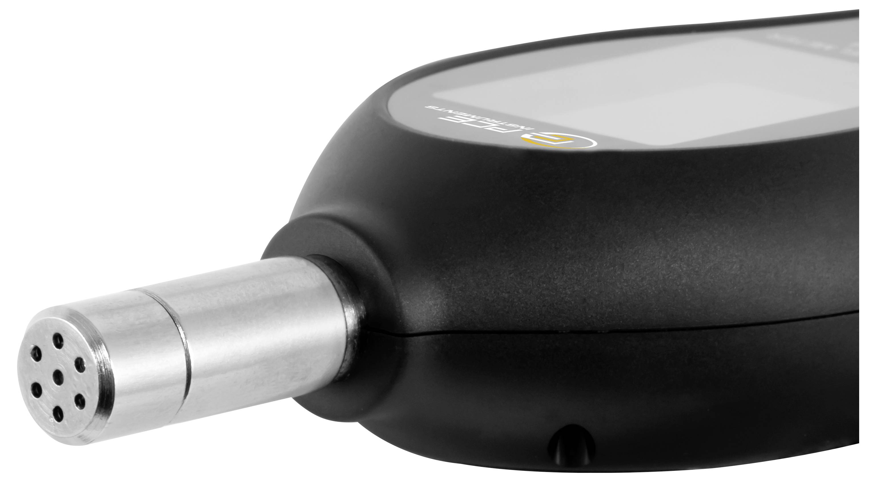 Nahaufnahme eines schwarzen tragbaren Geräts mit einer silbernen zylindrischen Metallsonde, die sich von der Vorderseite erstreckt.