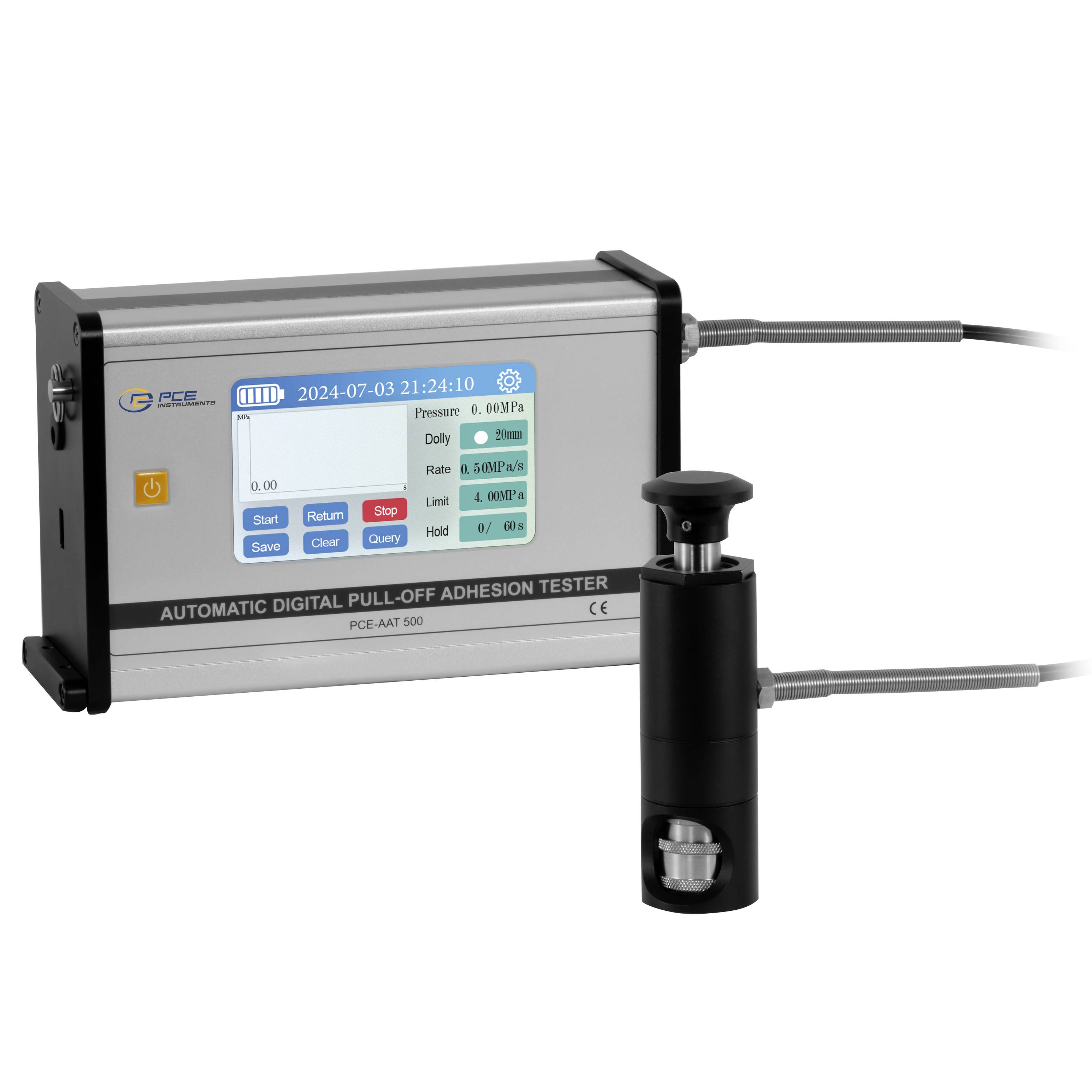 Automatischer digitaler Abzughafte-Prüfer mit Touchscreen-Display und angebrachtem zylindrischem Prüfkopf, der durch Kabel verbunden ist.