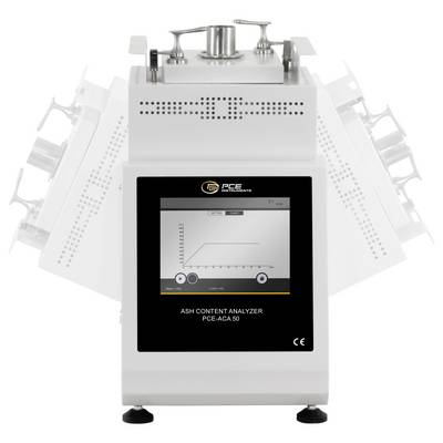 Vorderansicht eines PCE-Aschegehalts-Analysegeräts mit Touchscreen-Display und Metallmusterkammer oben.