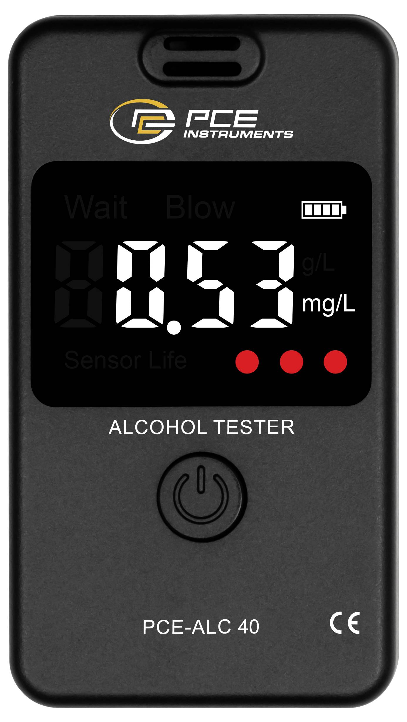 Tragbares Alkoholtestgerät mit digitaler Anzeige von 0,53 mg/L auf dem Bildschirm, mit den Aufschriften "ALCOHOL TESTER" und "PCE-ALC 40" auf dem Gerät.