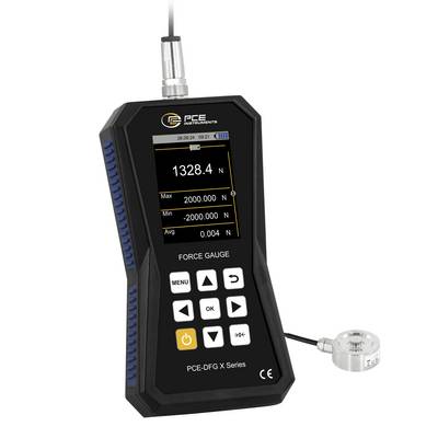 PCE Kraftmessgerät mit angebrachtem Sensor, das eine Live-Anzeige von 1328,4 N auf seinem Bildschirm zeigt.