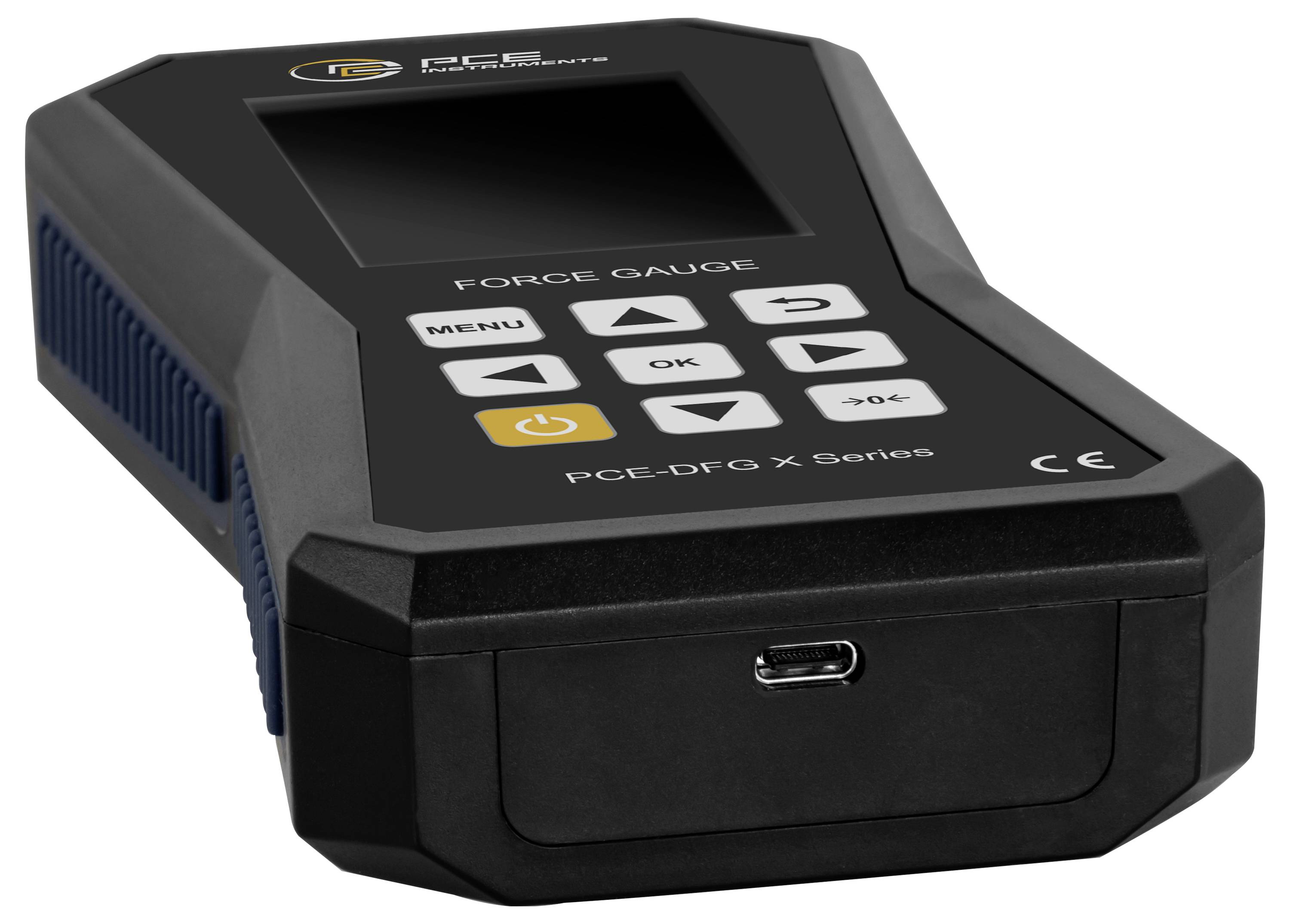 PCE Kraftmessgerät mit Display, Tastatur und vorderer USB-Anschluss zur Kraftmessung.