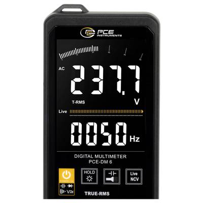 Digitales Multimeter-Display zeigt 237,7 V AC, 50 Hz mit Live-Anzeige an, beschriftet mit PCE-DM 6 und TRUE-RMS.
