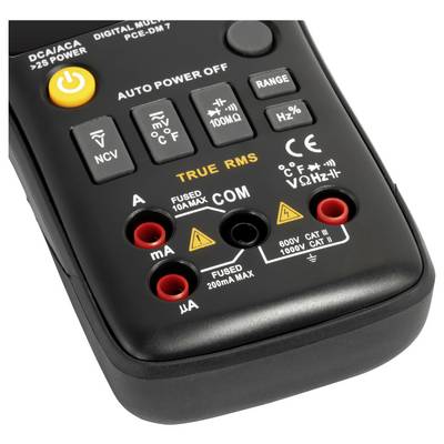 Nahaufnahme eines digitalen Multimeters mit displayloser Frontplatte, orangefarbener Ein-/Ausschalter, Funktionstasten und Eingangsbuchsen mit den Bezeichnungen A, COM, mA und µA.