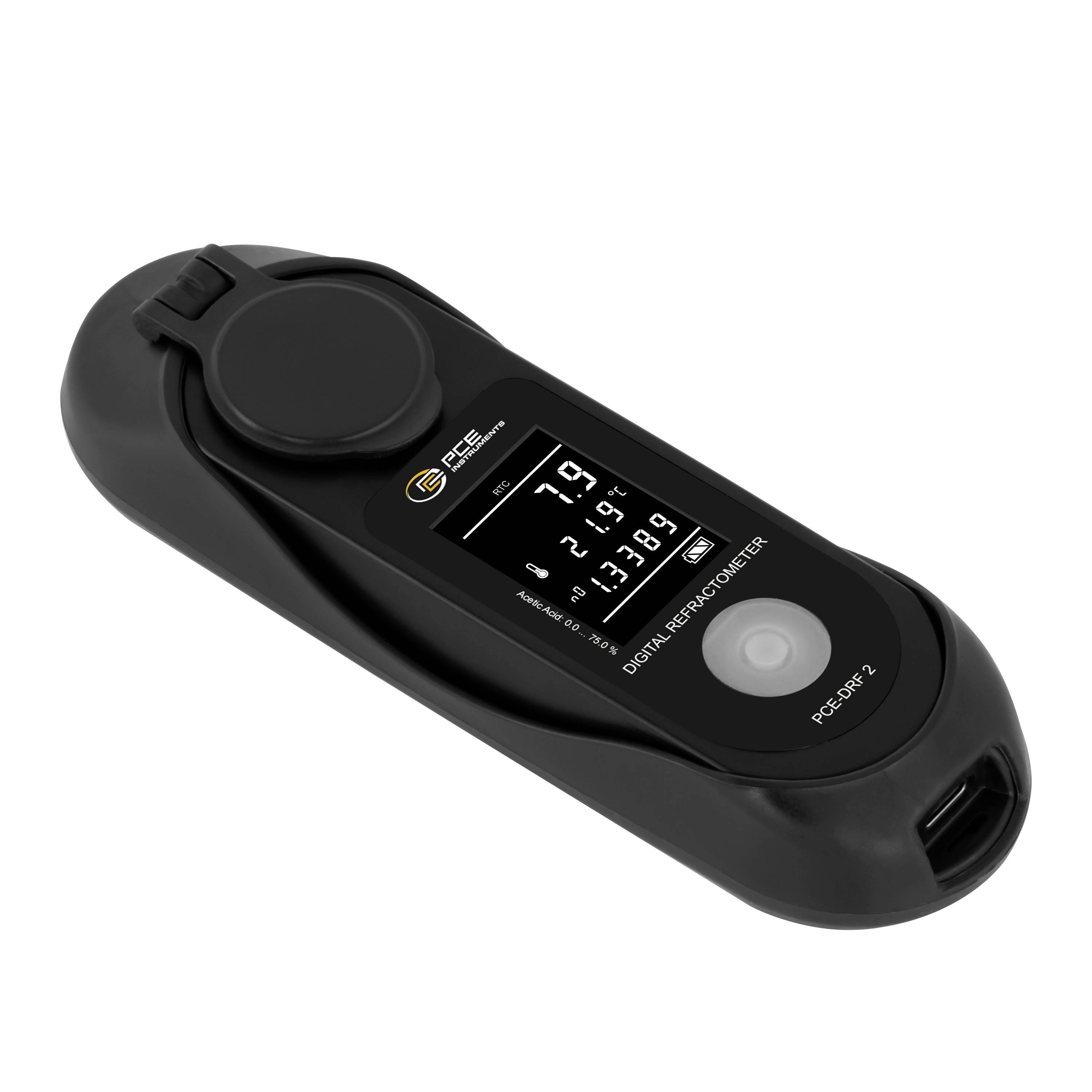 Schwarzes tragbares digitales Refraktometer mit LCD-Display und Probenvertiefung, auf weißem Hintergrund dargestellt.