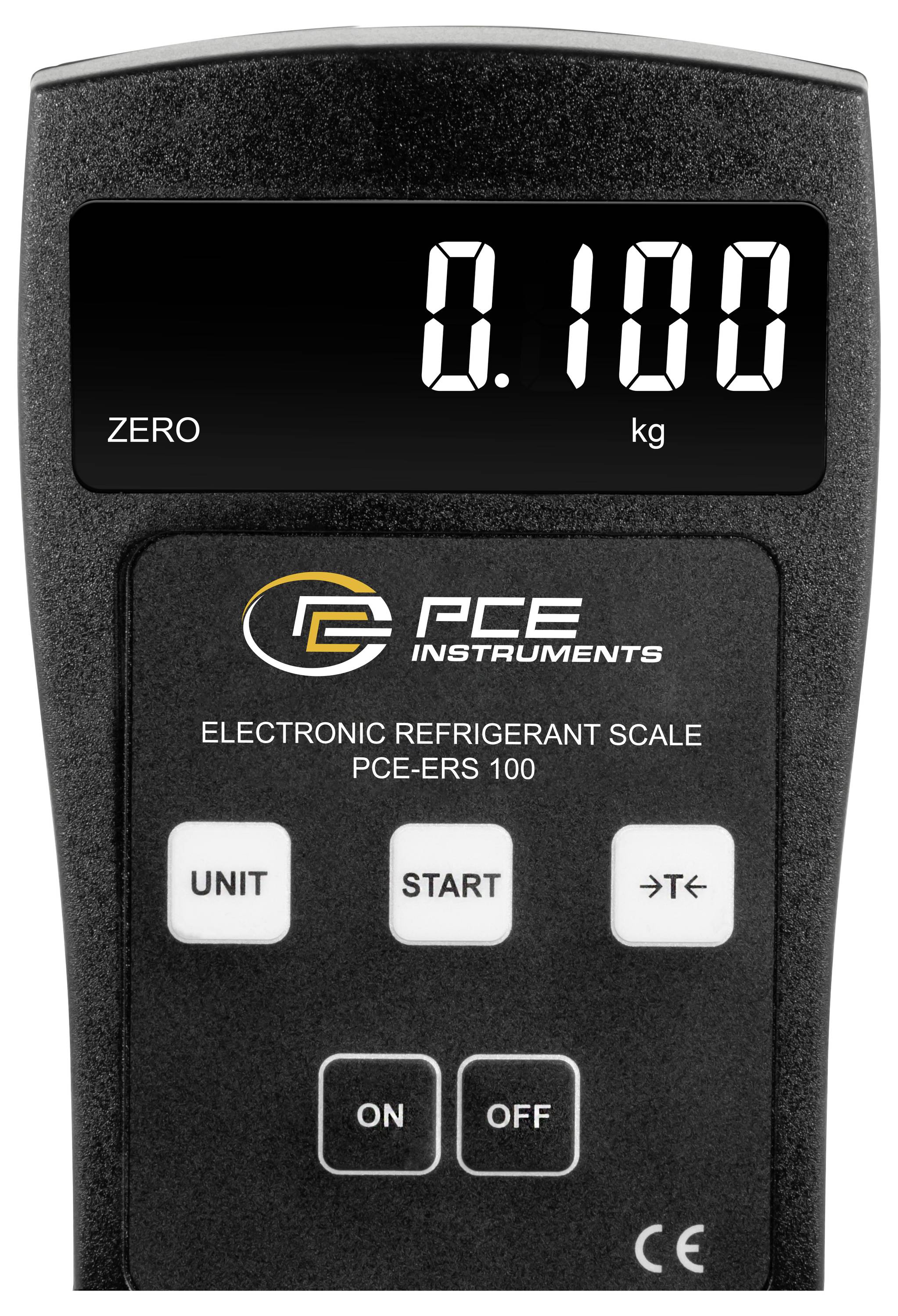 Digitale Kältemittelwaage zeigt 0,100 kg an, mit „PCE Instruments"-Branding und Einheit, Start-, Ein-/Ausschalter sichtbar.