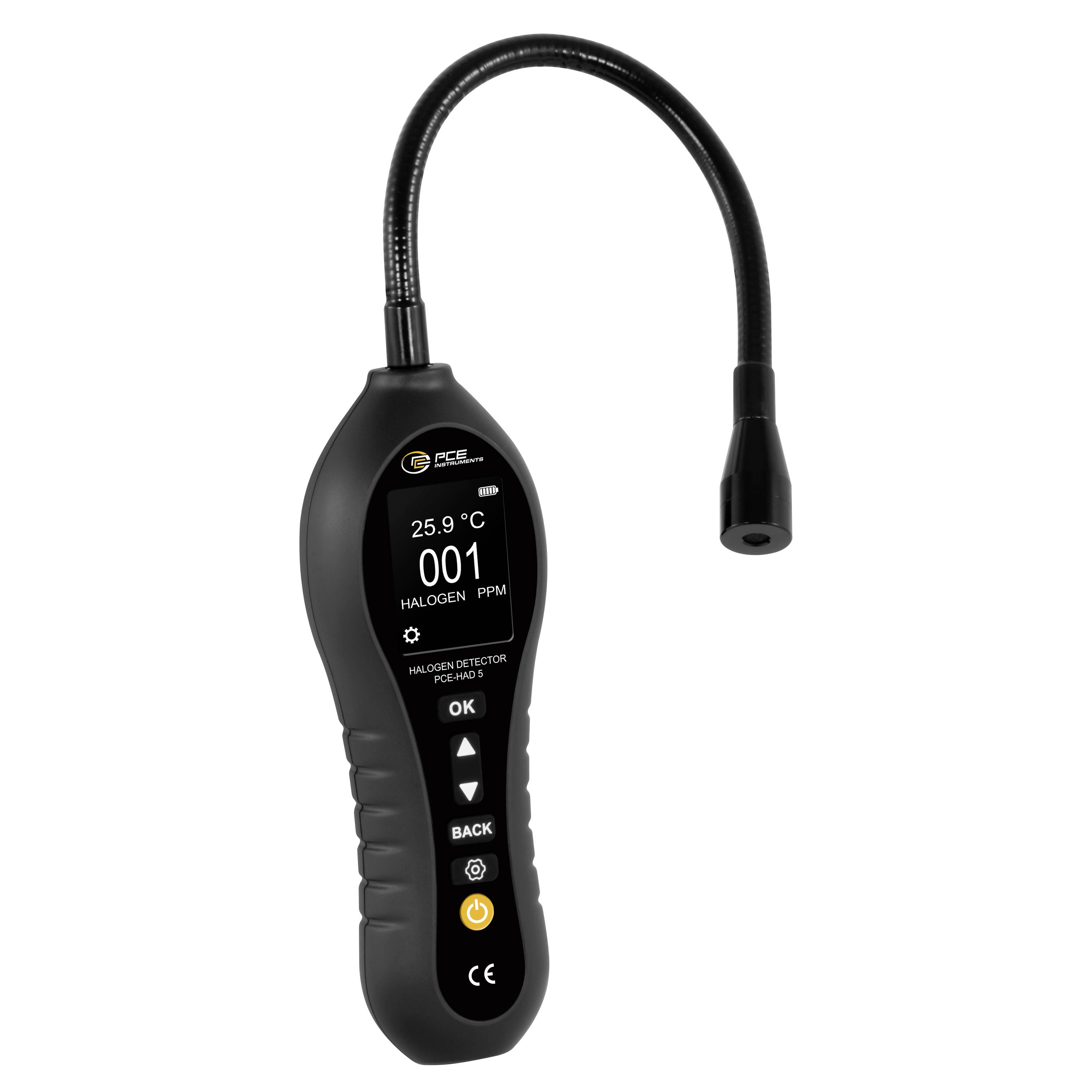 Tragbarer PCE Halogenleck-Detektor mit flexibler Sonde, zeigt ein digitales Display mit einer Anzeige von 001 ppm und 25,9°C.