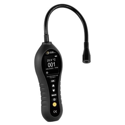 Tragbarer PCE Halogenleck-Detektor mit flexibler Sonde, zeigt ein digitales Display mit einer Anzeige von 001 ppm und 25,9°C.