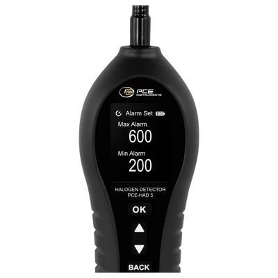 Tragbares PCE-Halogenrohrdetektor-Display mit Alarmeinstellungen: Max-Alarm 600 und Min-Alarm 200, mit OK- und Zurück-Schaltflächen.