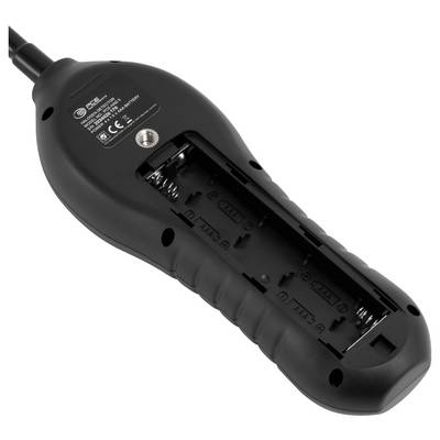Schwarze schnurgebundene tragbare Fernbedienung oder Steuergerät, Rückansicht, zeigt offenes Batteriefach und Befestigungsschraubloch.