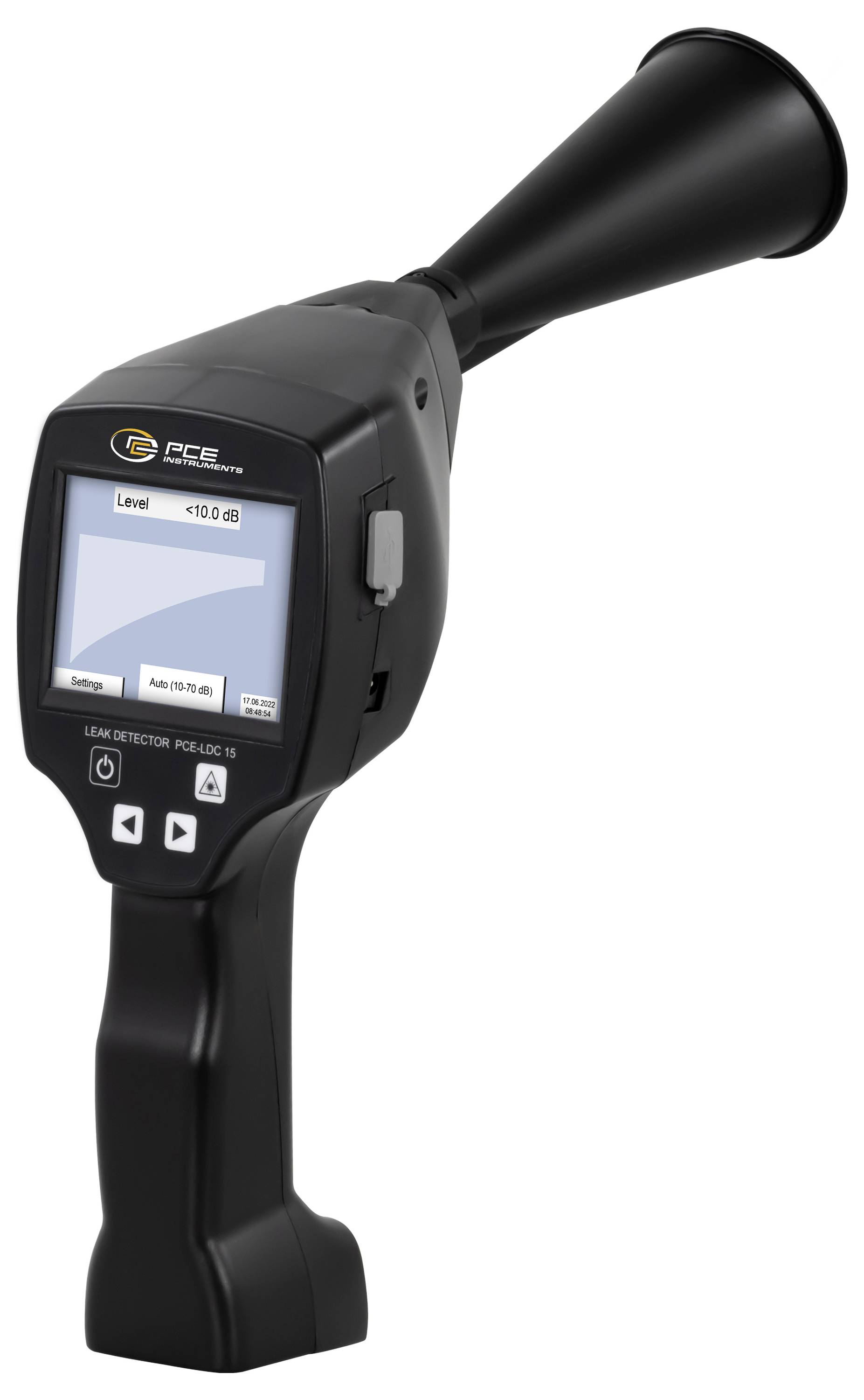 Tragbares Schallpegelmessgerät mit ausgestelltem Mikrofon, digitalem Display und Steuerungstasten an einem schwarzen Pistolengriff-Gehäuse.