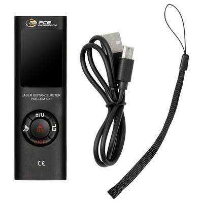 Laser-Entfernungsmesser mit USB-Ladekabel und Handgelenkschlaufe auf weißem Hintergrund.