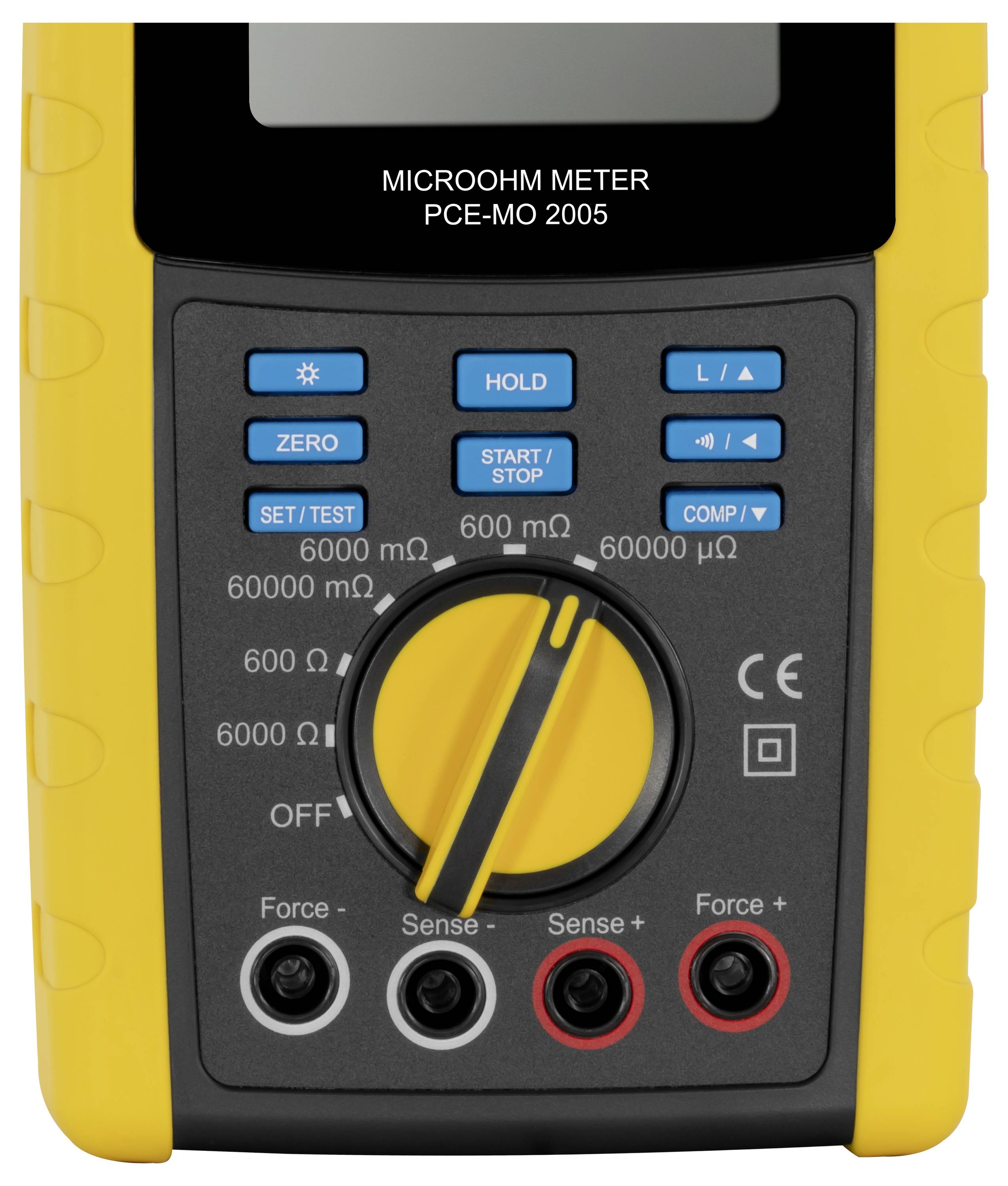 Digitales Mikro-Ohmmeter mit der Bezeichnung „MICROHM METER PCE-MO 2005" mit einem zentralen Wahlschalter und vier vorderen Messklemmen für Widerstandsmessungen.