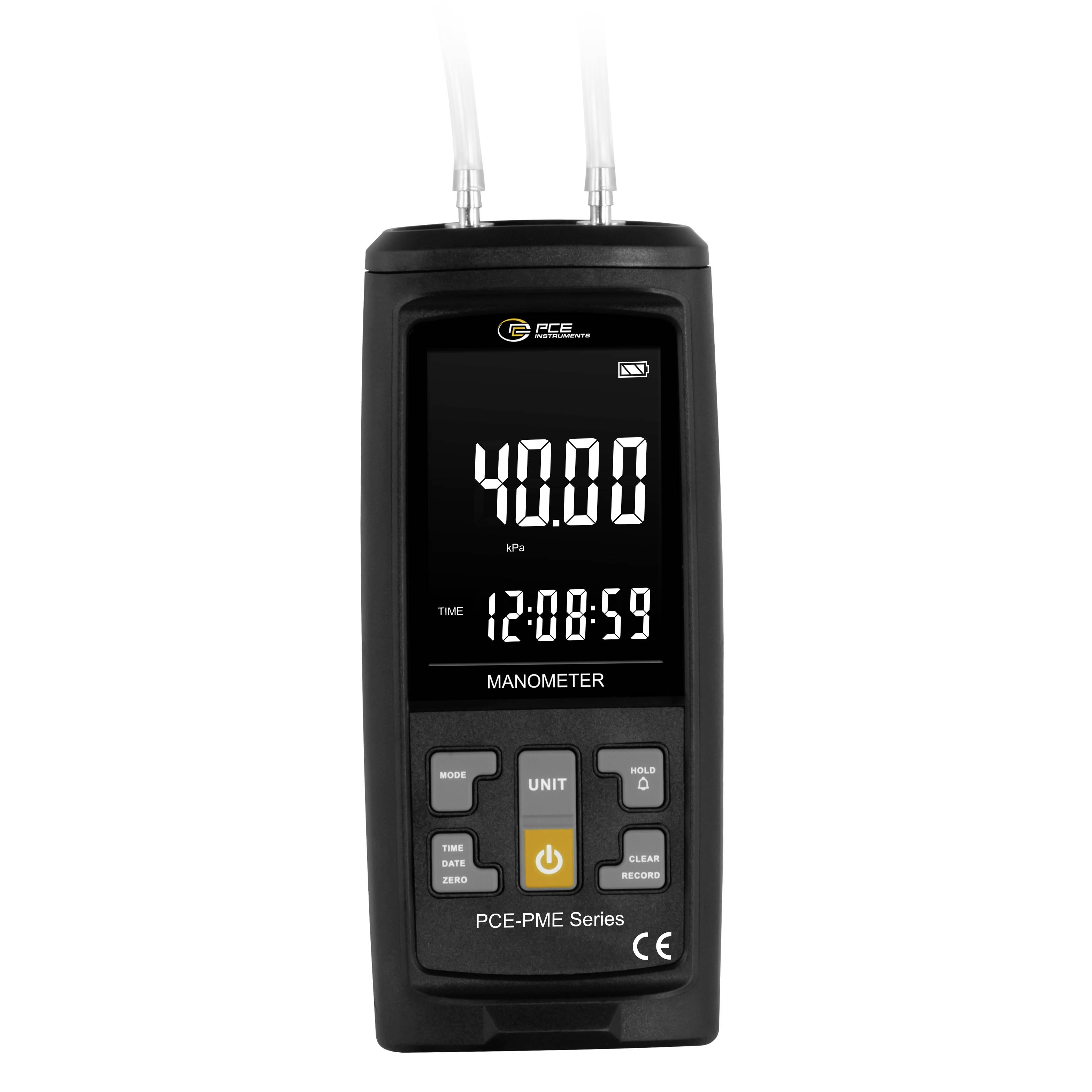 Tragbares digitales Manometer zeigt 40,00 kPa und die Zeit 12:08:59 an, mit zwei Schlauchverbindungen oben.