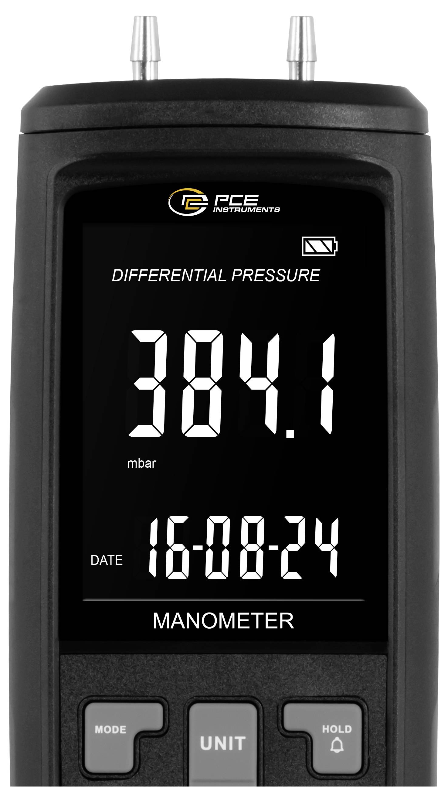 Digitales Manometer zeigt Differenzdruck von 384,1 mbar und Datum 16-08-24 auf einem schwarzen tragbaren Messgerät an
