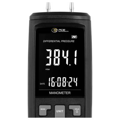 Digitales Manometer zeigt Differenzdruck von 384,1 mbar und Datum 16-08-24 auf einem schwarzen tragbaren Messgerät an