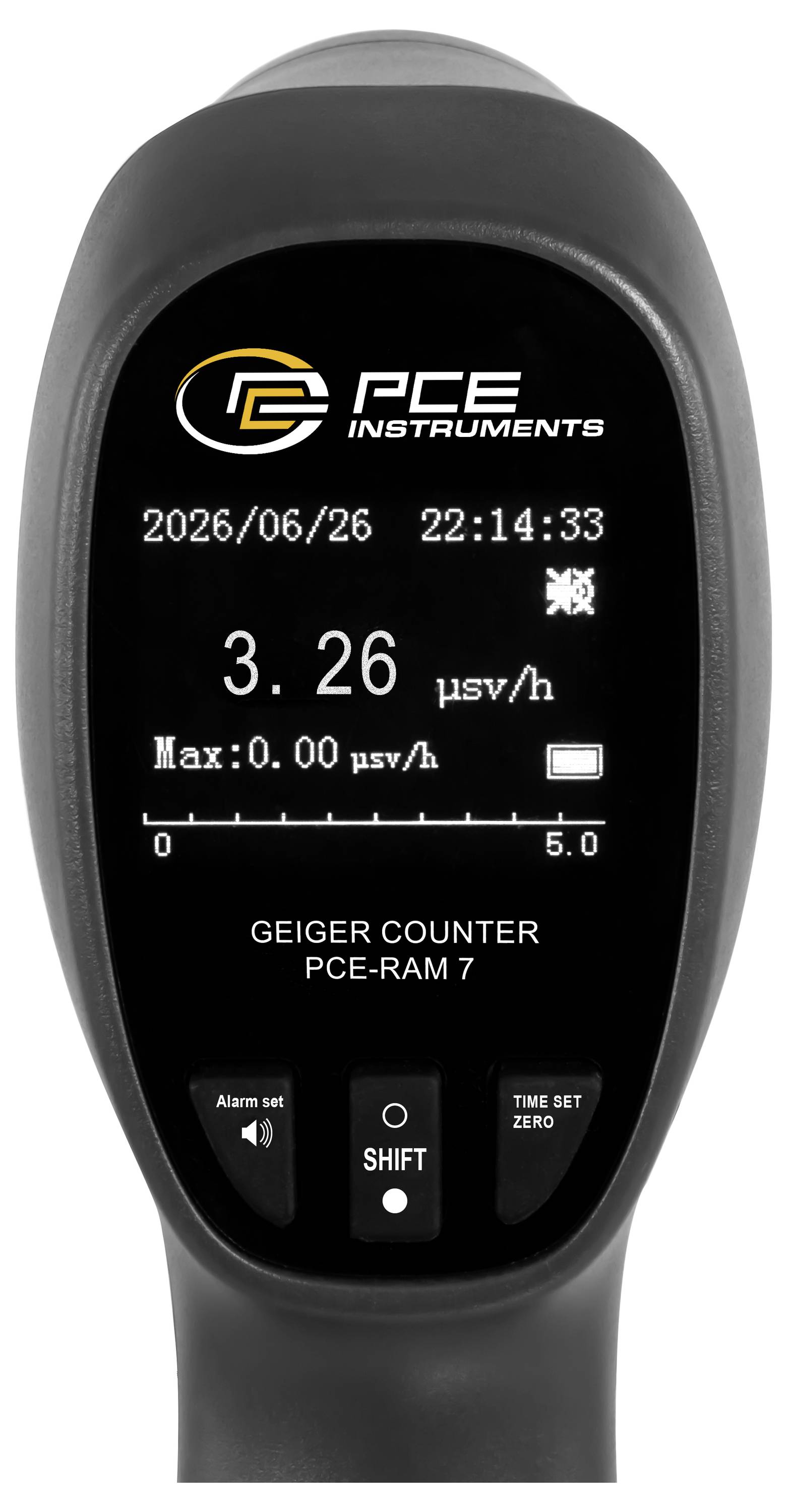 Tragbares PCE Geigerzähler-Display mit Strahlungswert von 3,26 µSv/h, mit Datum und Uhrzeit 2026/06/06 22:14:33 und Skala bis 5,0.