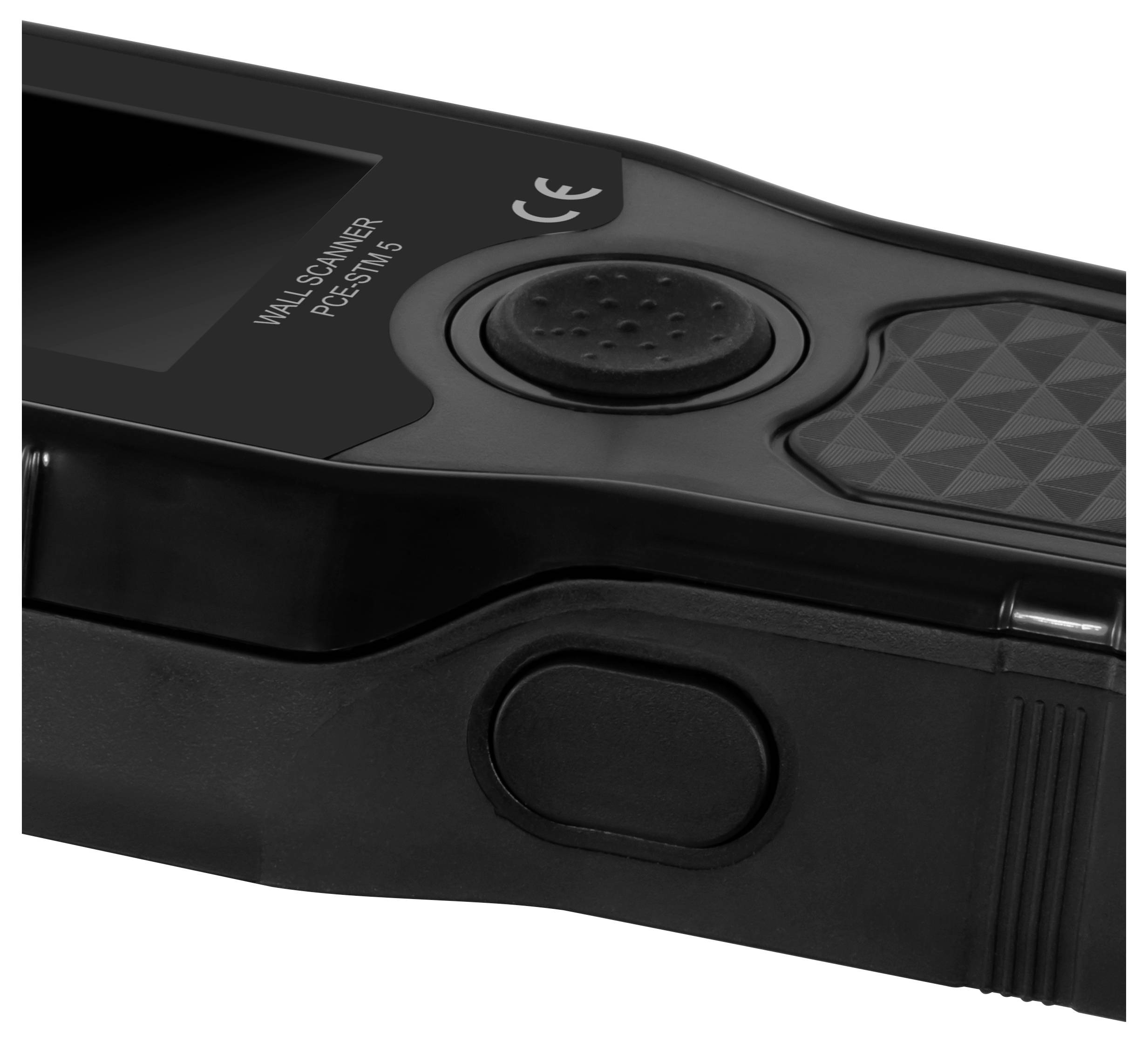 Nahaufnahme eines schwarzen tragbaren kabellosen Scanners mit Display, Schaltfläche mit kreisförmiger Form und beschrifteter Kennzeichnung "MALC SCANNER PCS-OM5".