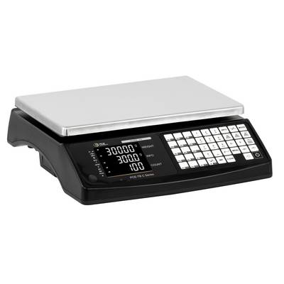 Digitale Bankwaage mit Edelstahlplattform, beleuchtetem Display und Tastatur zum Wiegen von Gegenständen.