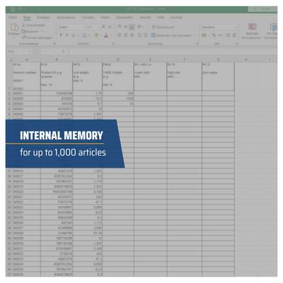 Tabellenkalkulations-Screenshot mit einer blauen Legende, die "INTERNER SPEICHER" und "für bis zu 1.000 Artikel" über einer Excel-ähnlichen Bestandstabelle liest.