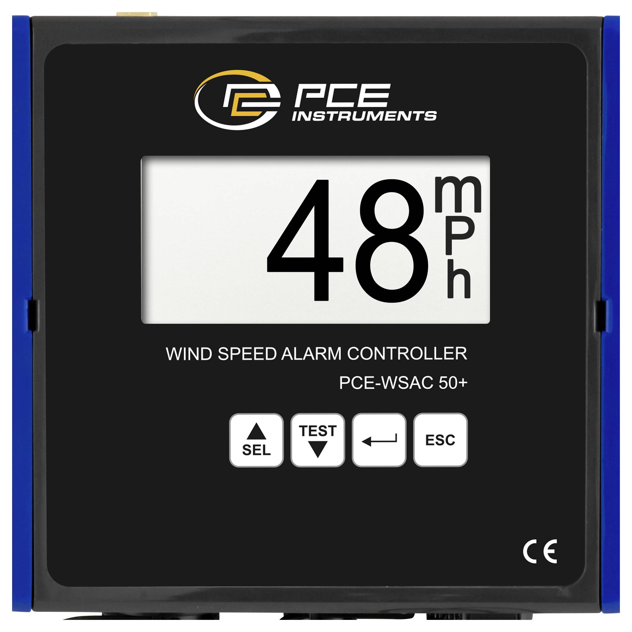 PCE Instruments Windgeschwindigkeits-Alarmregler zeigt 48 mph an, mit SEL-, TEST-, Zurück- und ESC-Tasten.