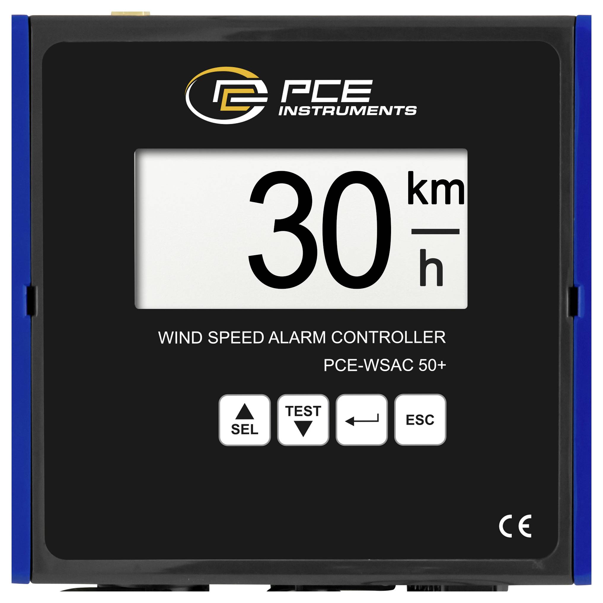 PCE Instruments Windgeschwindigkeits-Alarmregler mit Display zeigt 30 km/h an, mit SEL-, TEST-, Zurück- und ESC-Tasten.