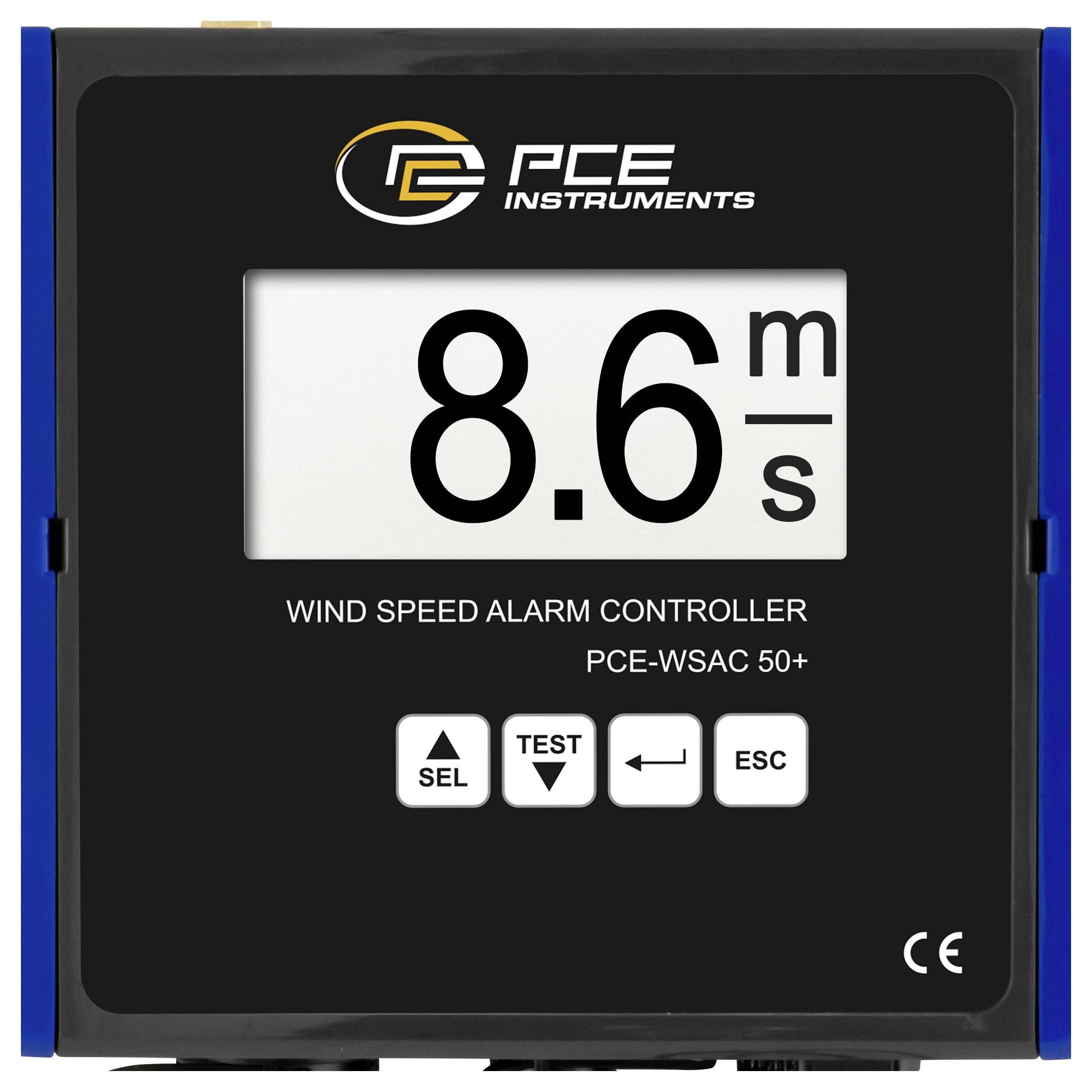PCE Instruments Windgeschwindigkeitsalarm-Controller-Display zeigt 8,6 m/s an, mit SEL-, TEST-, Zurück- und ESC-Tasten.