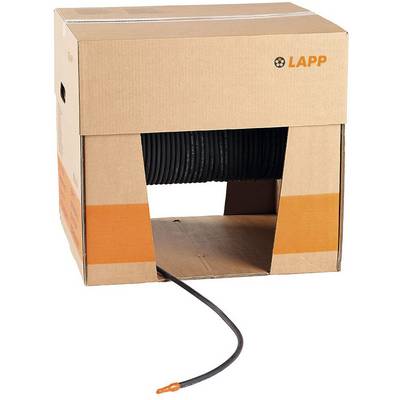 Karton mit einer Kabeltrommel, schwarzes Kabel ragt heraus. Aufdruck 'LAPP' oben rechts auf dem Karton.
