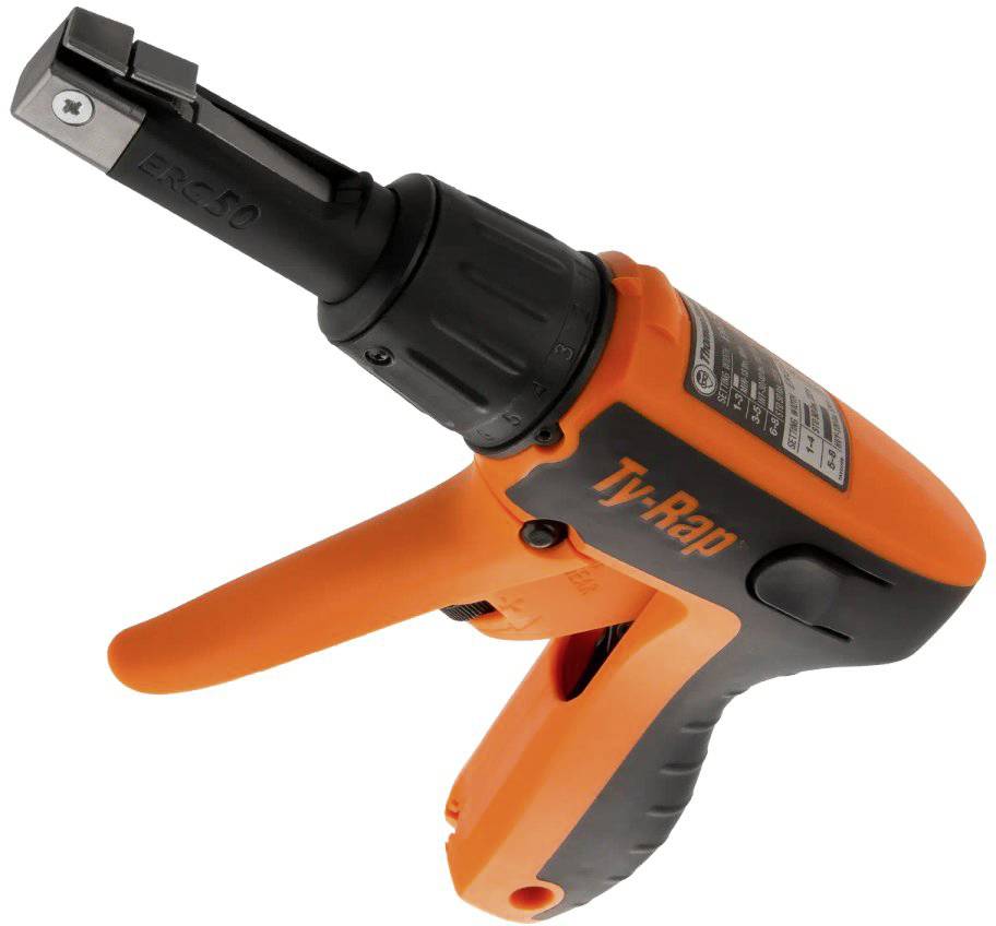 Ein orangefarbenes, manuelles Werkzeug für das Festziehen von Kabelbindern. Es hat einen Griff und einen Mechanismus zum Anziehen und Abschneiden.