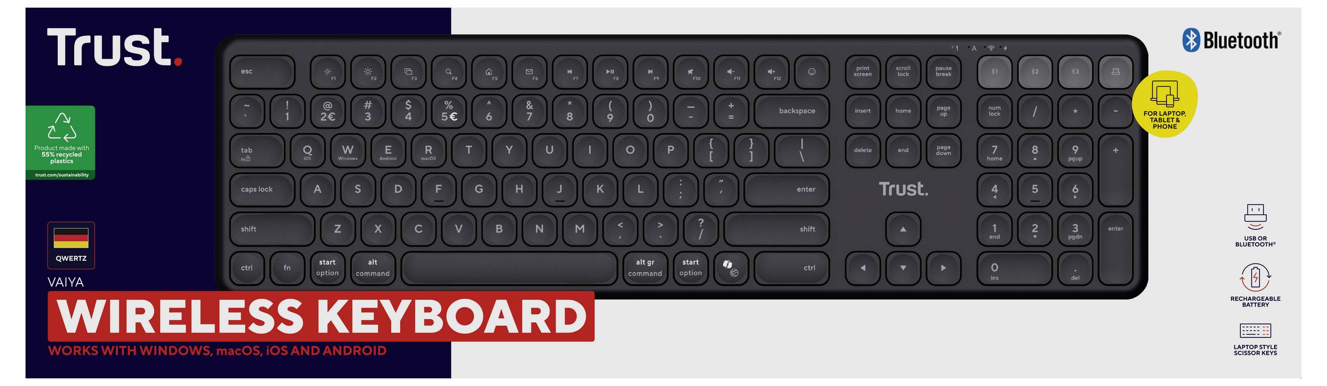 Kabellose Tastatur von Trust, kompatibel mit Windows, macOS und Android, Bluetooth-fähig, deutsche Tastenanordnung.