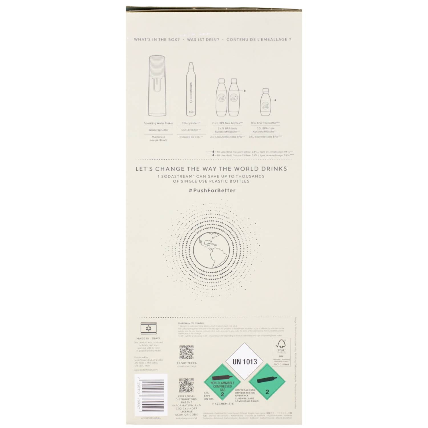 'Was ist in der Box?' listet eine Flasche, einen CO2-Zylinder und eine Anleitung auf. Text fördert nachhaltiges Trinken ohne Plastik.