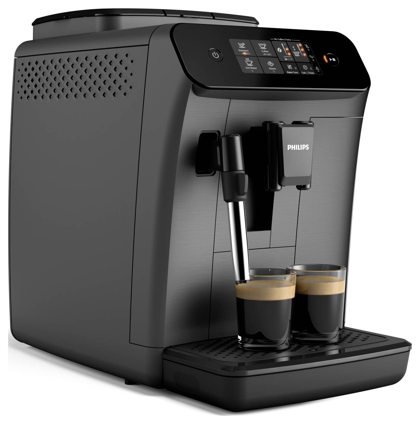 Kaffeemaschine mit zwei gefüllten Espressotassen auf der Ablage. Display zeigt verschiedene Auswahloptionen.