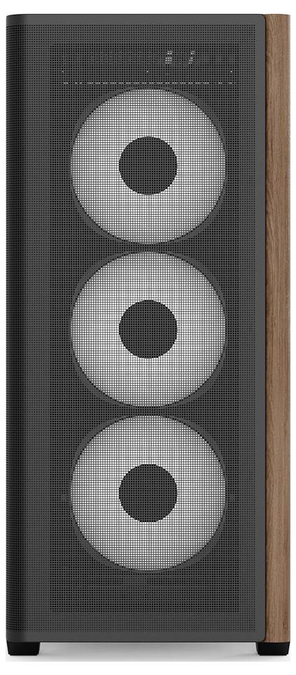 Schwarzer Lautsprecher mit drei großen Lautsprechertreibern und seitlichem Holzdekor.