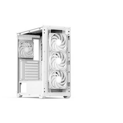 Ein weißes Computergehäuse mit transparentem Seitenfenster, ausgestattet mit drei vorderen und einem hinteren Kühlventilator. Das Gehäuse ist leer und auf einem weißen Hintergrund platziert.