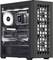 Ein schwarzer Desktop-Computerturm mit sichtbaren Komponenten durch ein transparentes Seitenpanel. Er enthält einen Kühlventilator, einen CPU-Kühler mit der Anzeige '38° CPU' und eine Grafikkarte mit der Beschriftung 'GEFORCE RTX'.