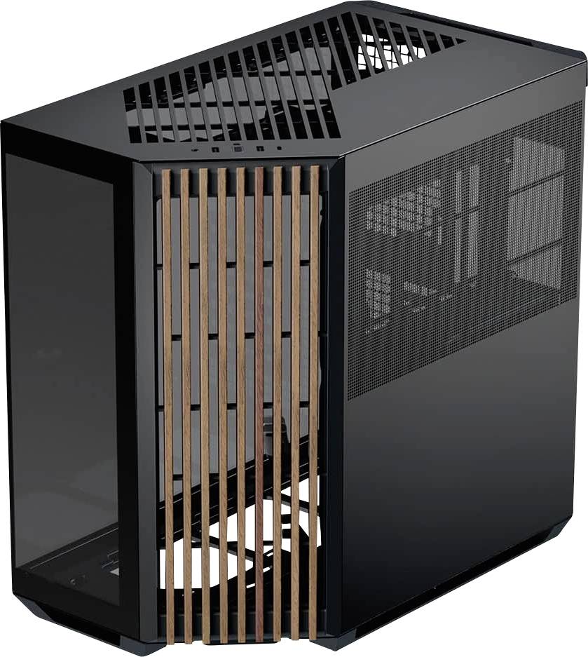 Ein dunkles, modernes Computergehäuse mit vertikalen Holzlamellen an der Frontseite und Mesh-Seitenpanels, das ein geometrisches, offenes Design aufweist.