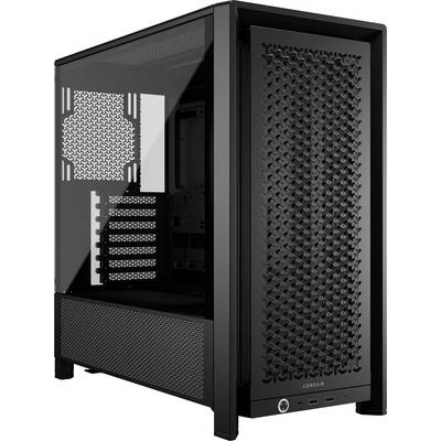 Schwarzes Computergehäuse mit durchsichtigem Seitenpanel, Mesh-Front für verbesserte Luftzirkulation.