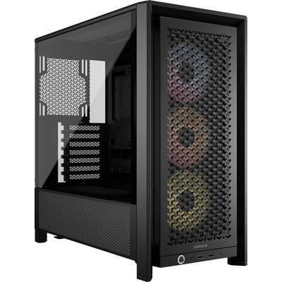 Schwarzes Computergehäuse mit seitlichem Glasfenster, drei RGB-Lüftern an der Vorderseite, geeignet für PC-Bau mit Wasserkühlung.