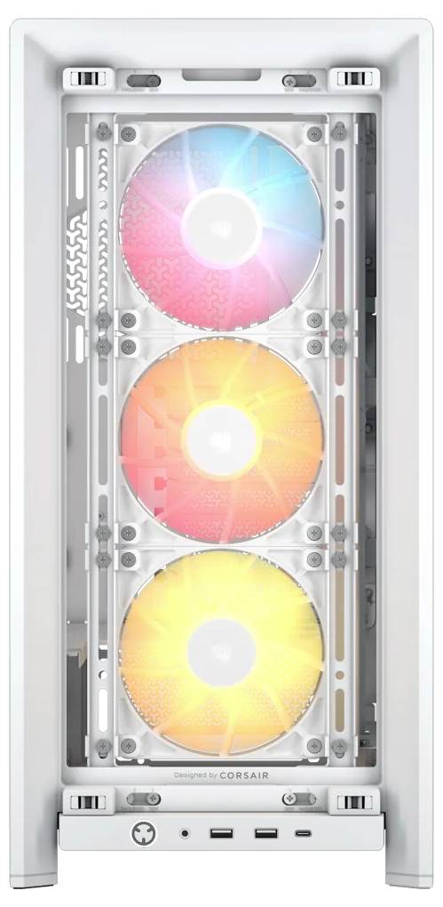 Ein weißes PC-Gehäuse von Corsair mit drei RGB-beleuchteten Lüftern an der Vorderseite. Unten befinden sich Anschlüsse und ein Einschaltknopf.