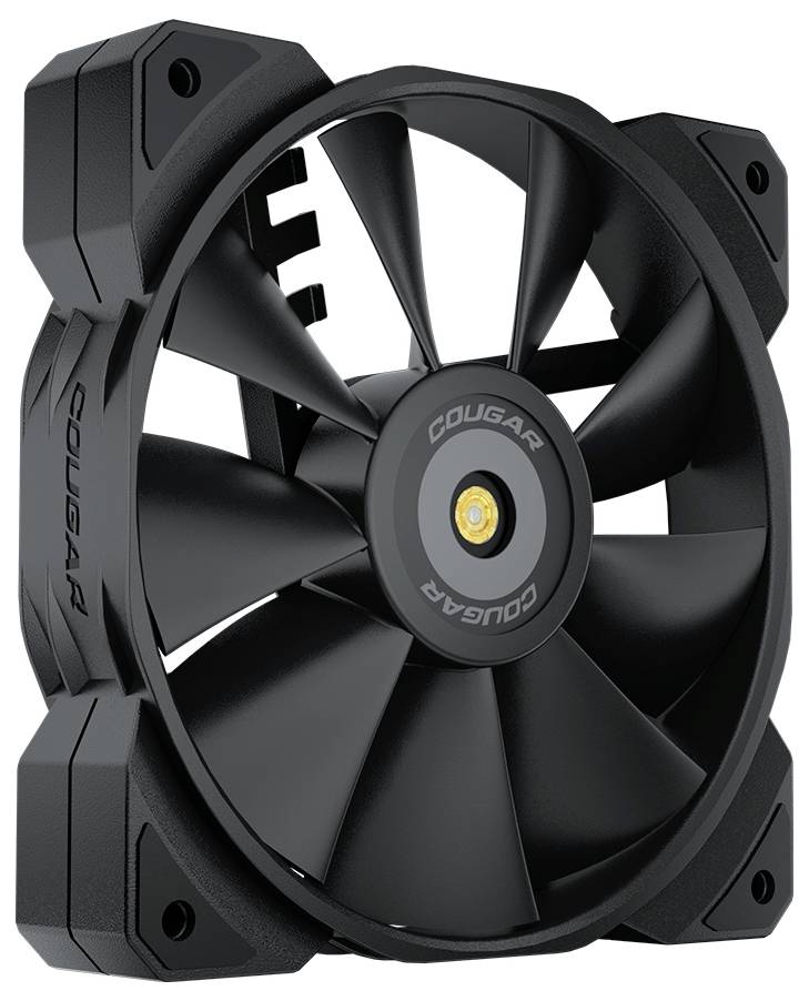 Schwarzer Computerlüfter mit mehreren Blättern, in einem robusten, sechseckigen Gehäuse montiert, von der Marke Cougar.