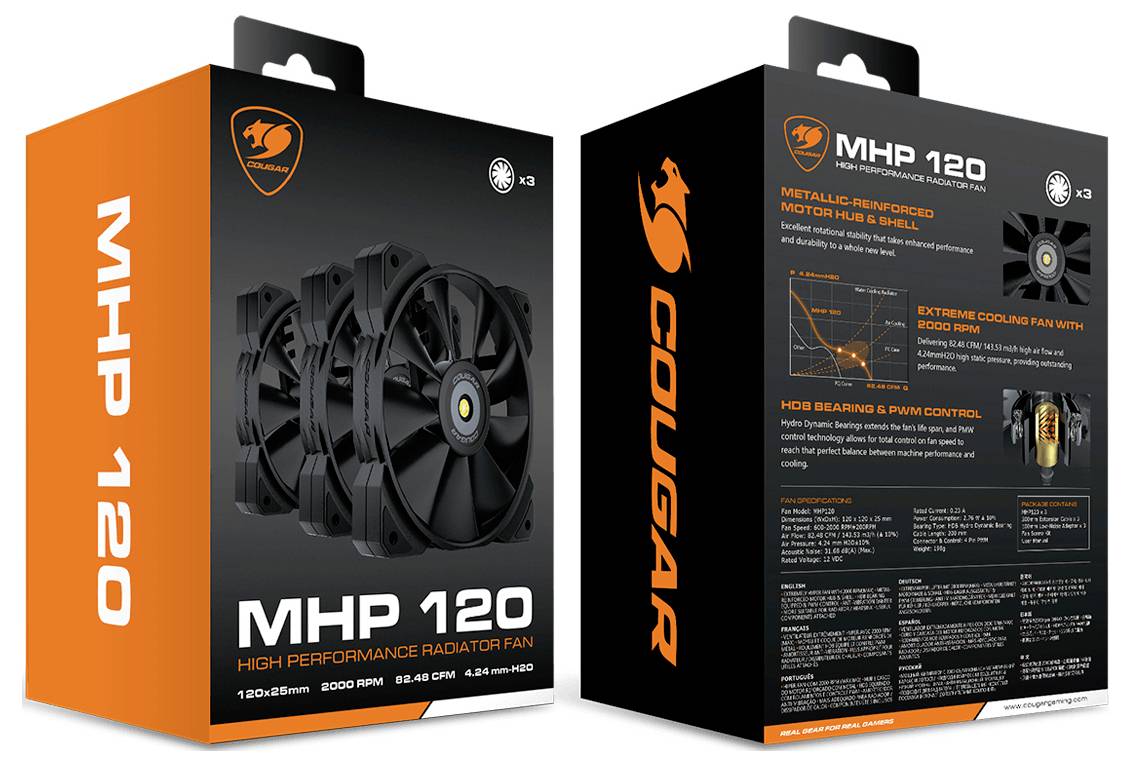 'Cougar MHP 120' Lüfterverpackung mit Produktabbildung, Details zur Leistung: 2000 RPM, 4,24 CFM. Text und technische Highlights auf Rückseite.