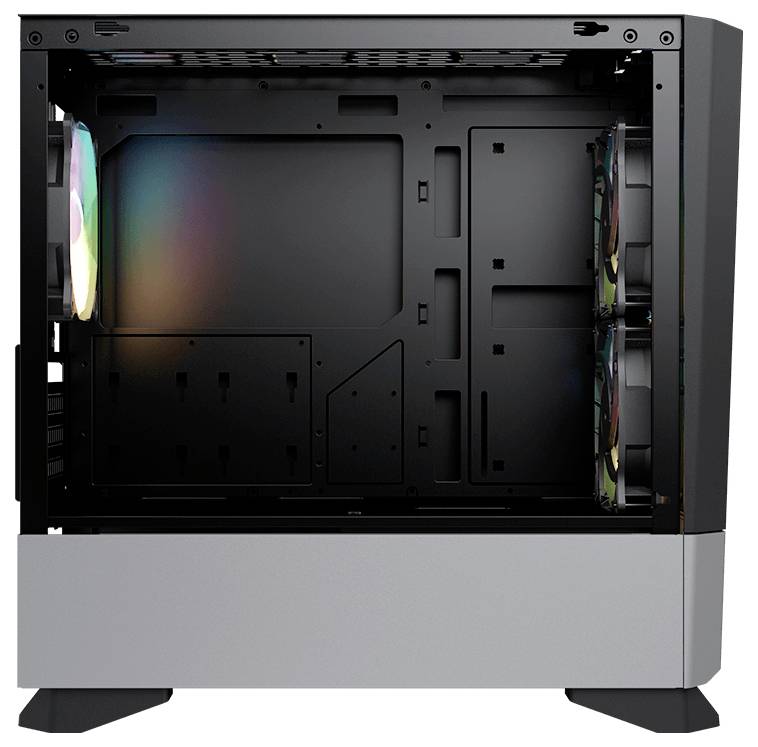 Leeres PC-Gehäuse in Schwarz und Grau mit mehreren Lüftern.