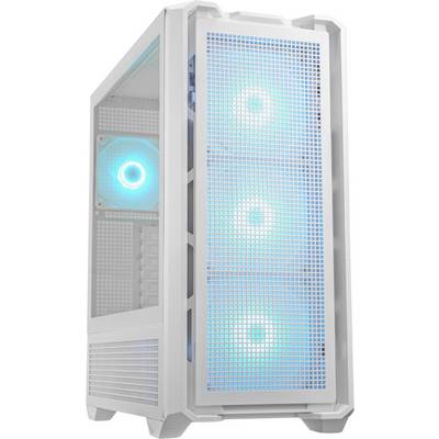 Ein weißes Computergehäuse mit vier sichtbaren, bläulich leuchtenden Lüftern. Das Gehäuse ist modern gestaltet mit Gitterdesign.