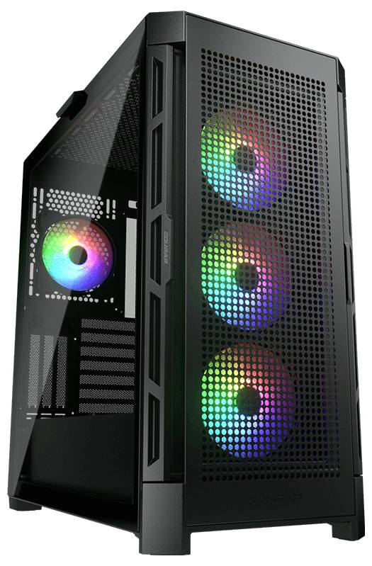 Ein schwarzes Computergehäuse mit Glasfront, das drei sichtbare Lüfter zeigt, die in verschiedenen Farben leuchten.