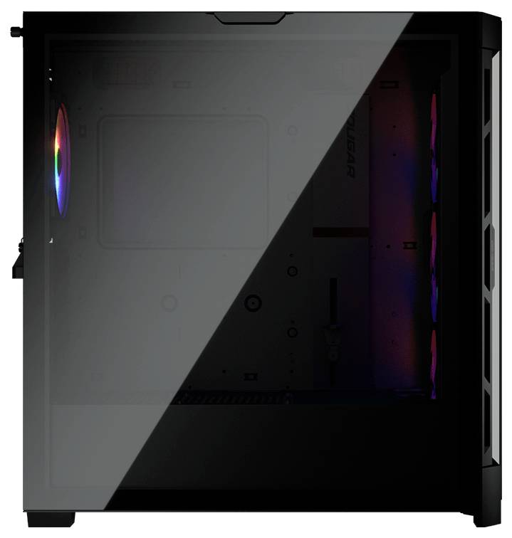 Ein PC-Gehäuse mit transparentem Seitenfenster und sichtbaren RGB-Lüftern, die in verschiedenen Farben leuchten.