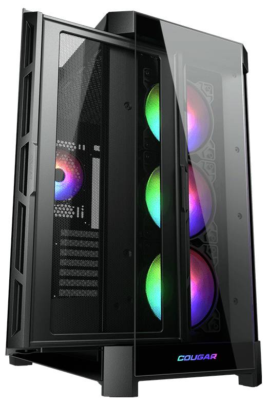 Computerturm mit transparentem Seitenpanel zeigt bunte, beleuchtete Lüfter. Das Gehäuse ist schwarz mit Fokus auf Luftkühlung.