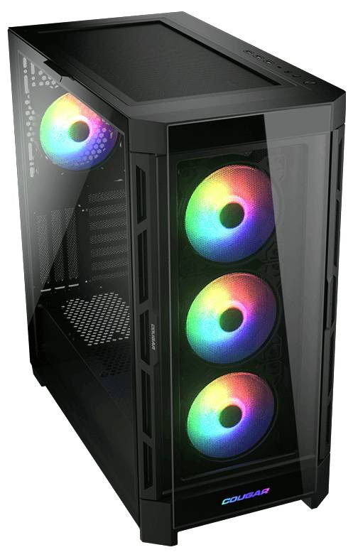 PC-Gehäuse mit transparentem Seitenpanel, drei RGB-beleuchteten Lüftern an der Front und einem RGB-Lüfter hinten, ideal für Gaming.